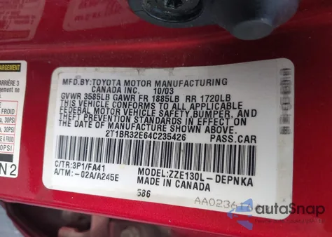 2004 Toyota Corolla Le from USA, damaged, VIN 2T1BR32E64C235426